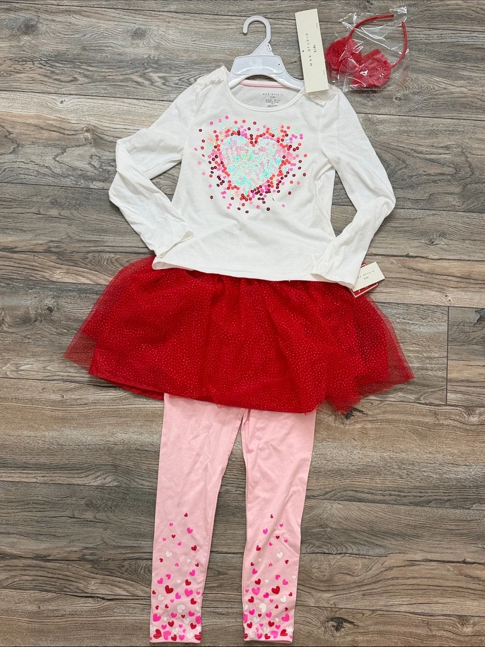 Max Studio White Sequin Heart Top with Red Tulle Tutu & Pink Heart Leggings